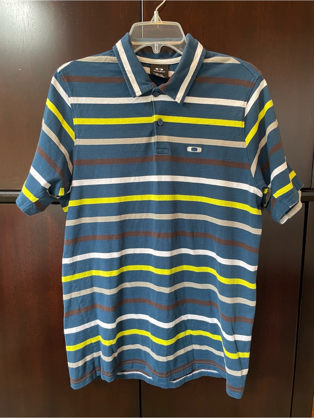 Oakley Navy Polo with Yellow and Gray Stripes